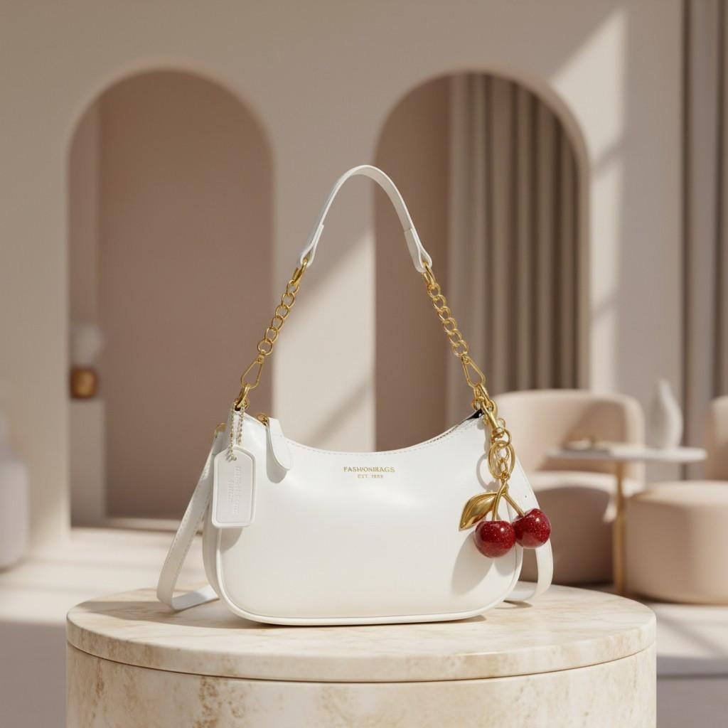 White Baguette Shoulder Bag, Cherry Charm Purse, Small Y2K Handbag, Gold Chain Crossbody