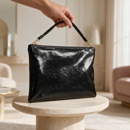 Black Oversized Clutch Bag, Glossy Evening Purse, Large Black Pouch Bag, Minimalist Handbag, Zip Top Night Out Clutch