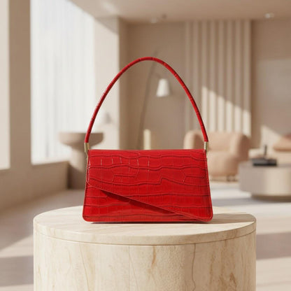 Red Croc Print Top Handle Bag, Structured Handbag for Women, Small Red Purse, Statement Evening Bag