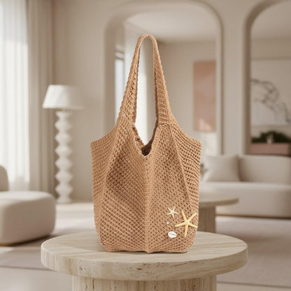 Crochet Beach Tote Bag, Boho Summer Shoulder Bag, Starfish Shell Bag, Woven Beach Purse, Coastal Vacation Tote, Women's Summer Bag