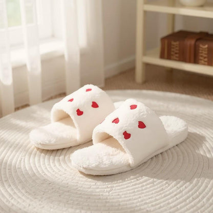 Heart Slippers, Fuzzy White House Slides, Cute Valentine Slippers