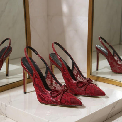 Red Lace Slingback Heels, Pointed Toe Stiletto Pumps, Bow Detail Party Shoes