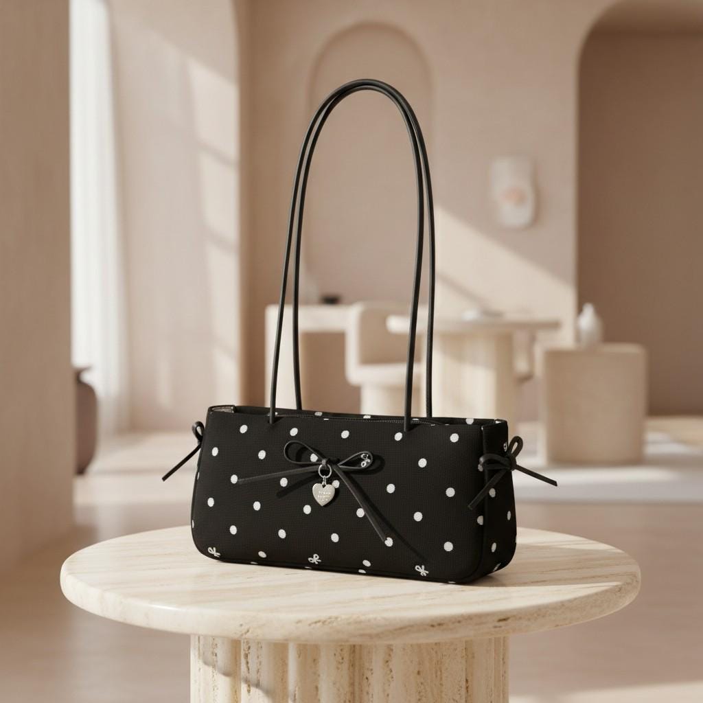 Black Polka Dot Shoulder Bag, Bow Detail Purse, Cute Heart Charm Handbag, Y2K Underarm Bag, White Dot Women's Bag
