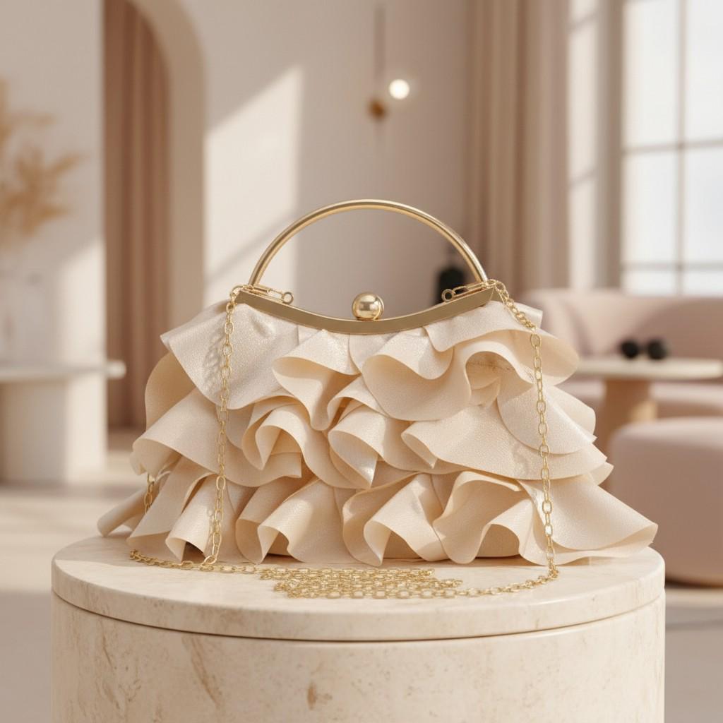 Cream Ruffle Clutch, Champagne Evening Bag, Ivory Top Handle Purse, Elegant Wedding Guest Bag, Romantic Statement Handbag