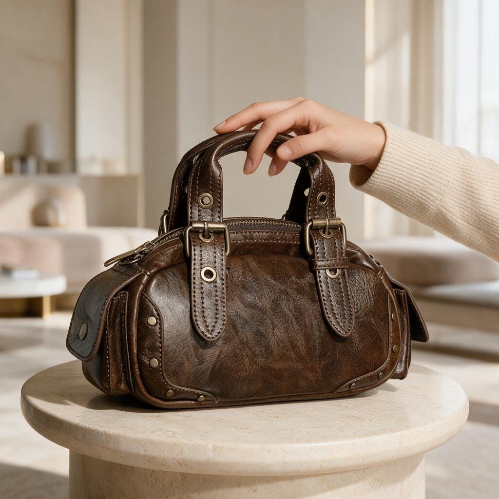 Vintage Brown Handbag, Distressed Bowling Bag, Retro Satchel Purse, Structured Top Handle Bag, Brown Womens Handbag