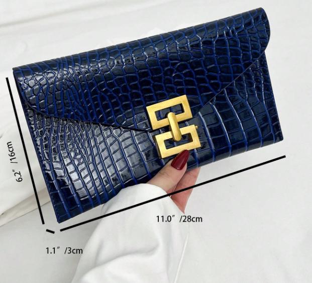Navy Blue Croc Embossed Clutch, Royal Blue Envelope Purse, Gold Clasp Evening Bag, Elegant Flap Handbag, Wedding Guest Purse