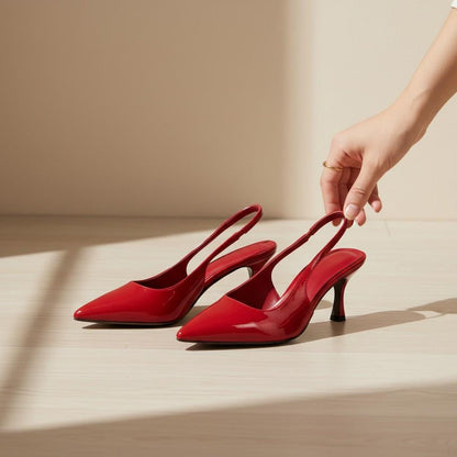 Red Slingback Heels for Women, Pointed Toe Stiletto Pumps, Glossy High Heel Dress Shoes