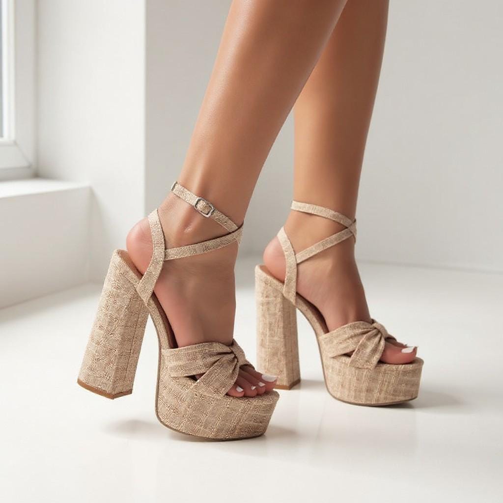 Beige Platform Heels, Bow Sandals, Chunky Block Heel Shoes, Ankle Strap Peep Toe Heels