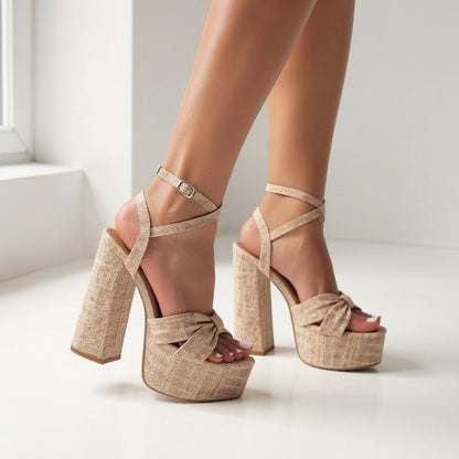 Beige Platform Heels, Bow Sandals, Chunky Block Heel Shoes, Ankle Strap Peep Toe Heels