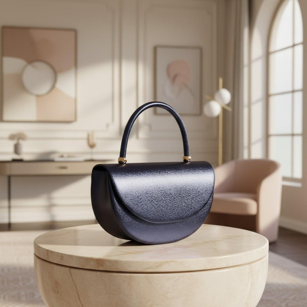 Navy Blue Half Moon Bag, Structured Top Handle Handbag, Crescent Purse, Elegant Dark Blue Flap Bag, Minimalist Handbag