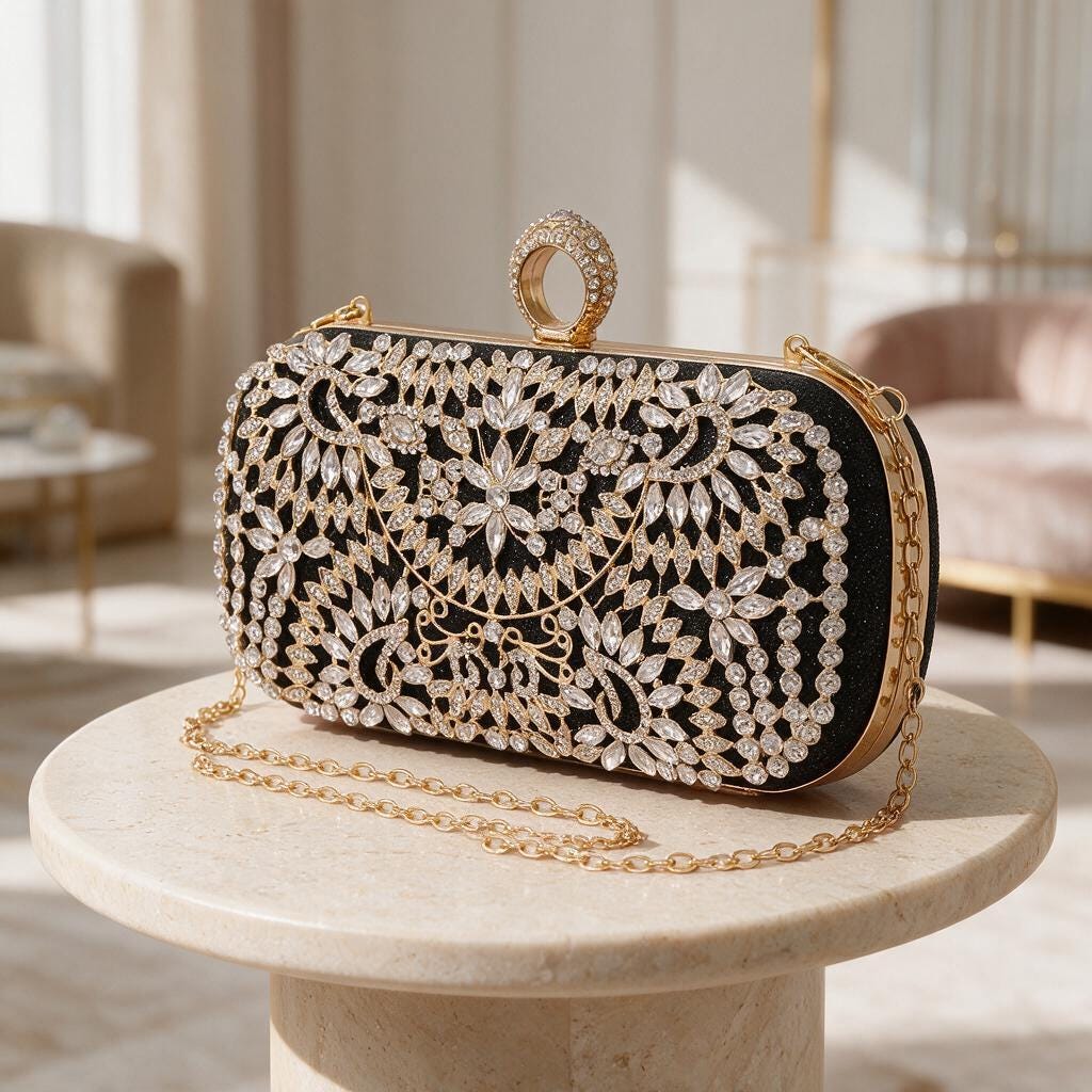 Black Crystal Clutch Bag, Rhinestone Evening Purse, Floral Bridal Bag, Wedding Clutch with Gold Chain, Sparkly Formal Bag