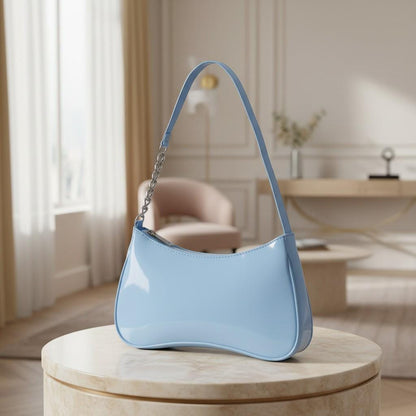 Light Blue Baguette Shoulder Bag, Glossy Baby Blue Purse, Y2K Handbag, Cute Underarm Bag, Women's Mini Shoulder Bag
