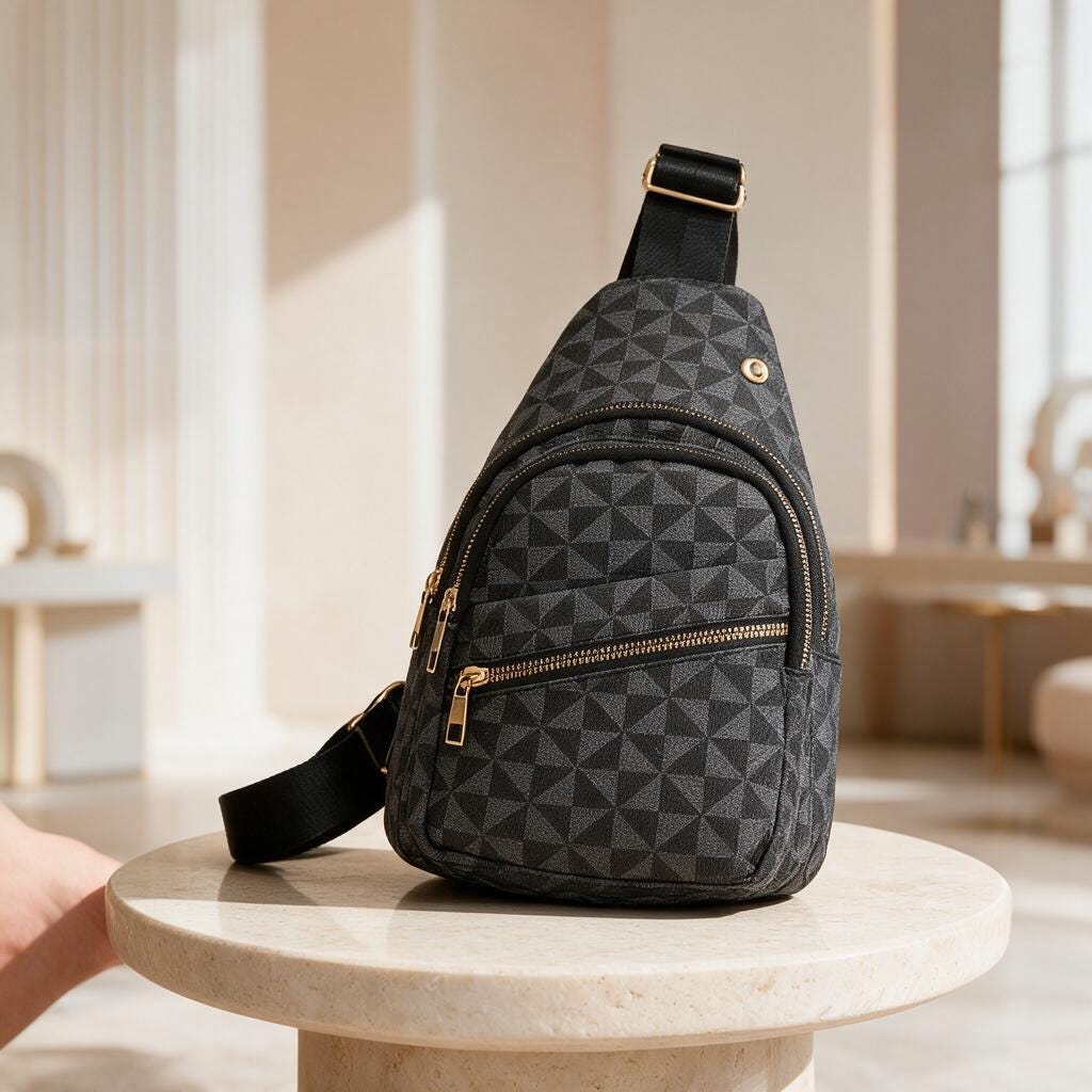 Black Geometric Sling Bag, Women's Crossbody Chest Bag, Textured Shoulder Backpack, Multi Pocket Travel Bag, Everyday Purse