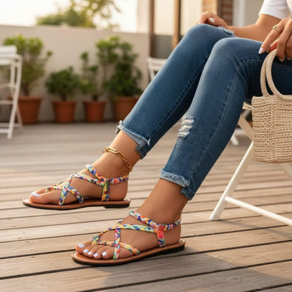 Multicolor Braided Sandals for Women, Colorful Strappy Flat Sandals, Boho Summer Shoes