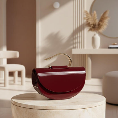 Burgundy Glossy Top Handle Bag, Half Moon Shoulder Purse, Wine Red Handbag, Gold Handle Evening Bag