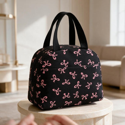 Black Bowler Bag with Pink Bows, Cute Top Handle Handbag, Feminine Everyday Purse