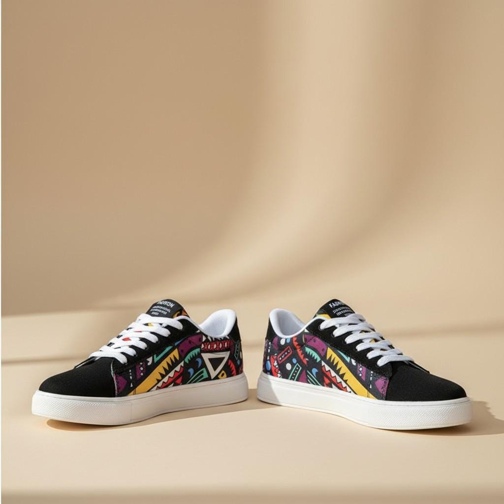 Colorful Geometric Sneakers, Women's Retro Low Top Shoes, Lace Up Trainers