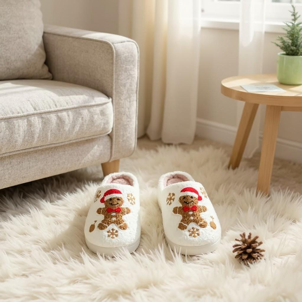 Gingerbread Slippers, Christmas House Shoes, Fuzzy Holiday Slippers