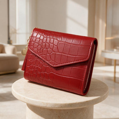 Red Croc Embossed Wallet, Womens Flap Wallet, Small Tassel Purse, Heart Charm