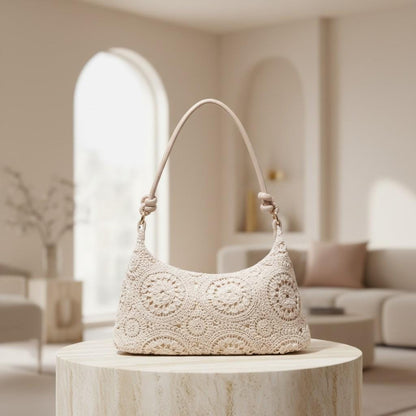 Crochet Shoulder Bag, Cream Lace Purse, Boho Crochet Handbag, Vintage Floral Bag, Romantic Summer Purse
