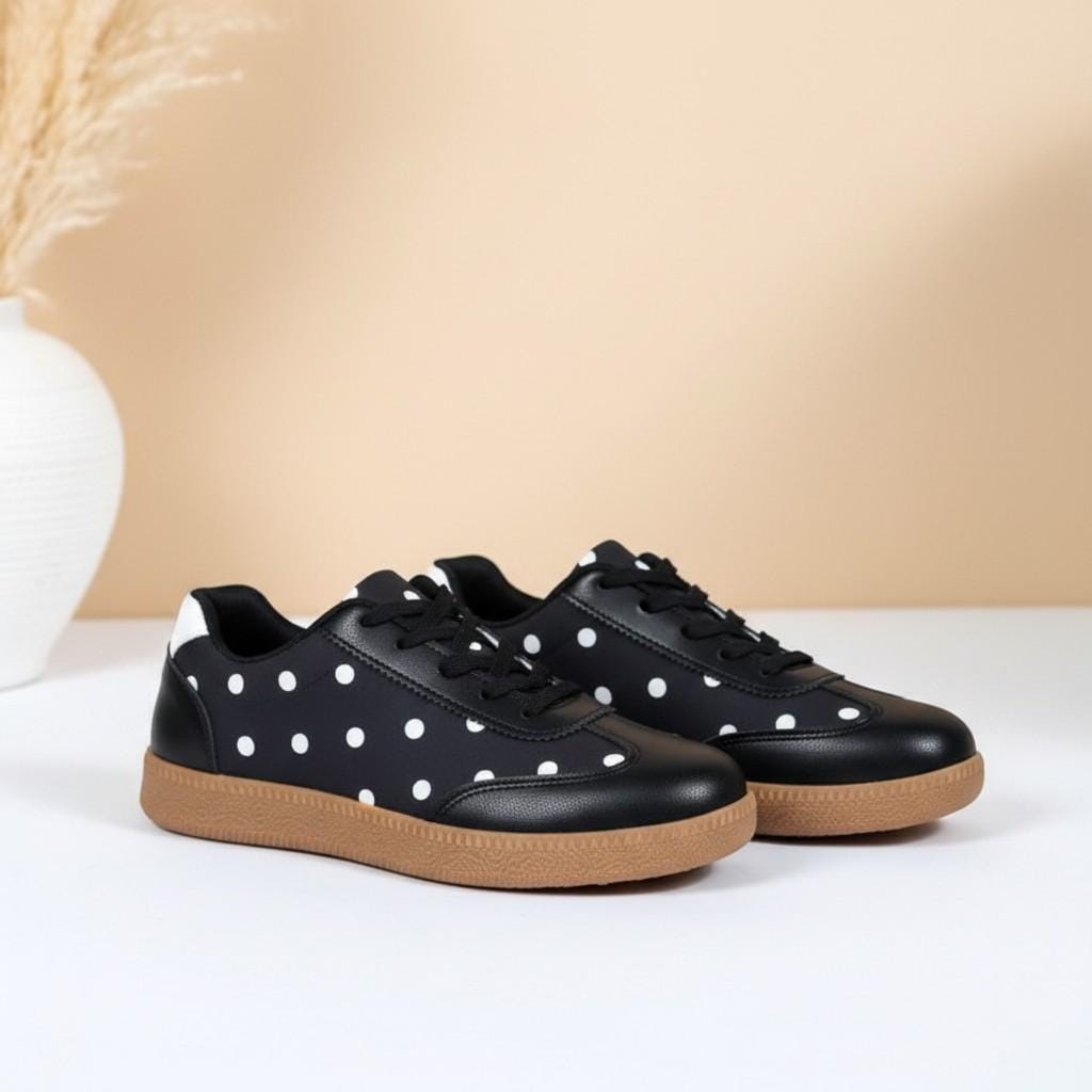 Black Polka Dot Sneakers for Women, Retro Lace Up Shoes, White Dot Casual Footwear