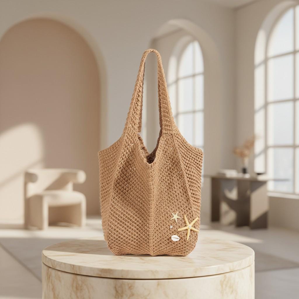 Crochet Beach Tote Bag, Boho Summer Shoulder Bag, Starfish Shell Bag, Woven Beach Purse, Coastal Vacation Tote, Women's Summer Bag