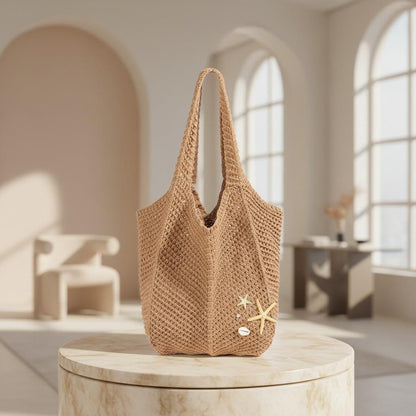 Crochet Beach Tote Bag, Boho Summer Shoulder Bag, Starfish Shell Bag, Woven Beach Purse, Coastal Vacation Tote, Women's Summer Bag