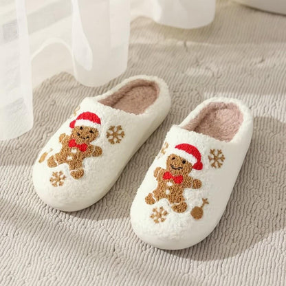 Gingerbread Slippers, Christmas House Shoes, Fuzzy Holiday Slippers