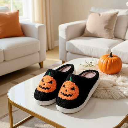 Pumpkin Slippers, Black Halloween House Shoes, Fuzzy Jack O Lantern Slippers