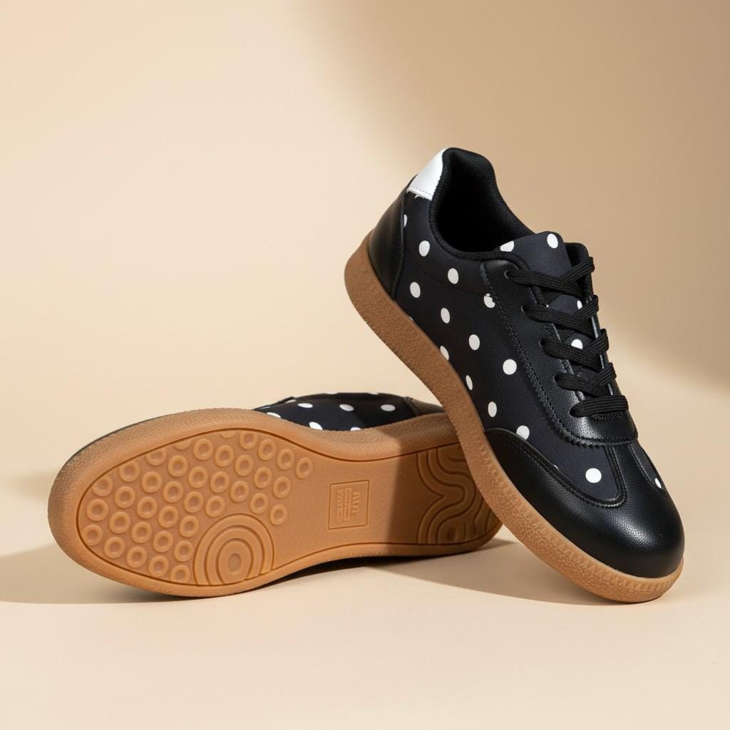 Black Polka Dot Sneakers for Women, Retro Lace Up Shoes, White Dot Casual Footwear
