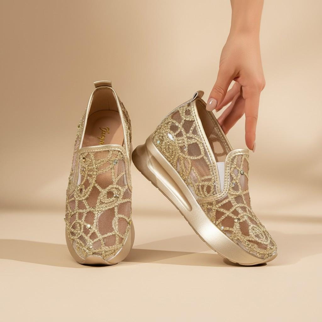 Gold Glitter Wedge Sneakers, Women's Lace Slip On Shoes