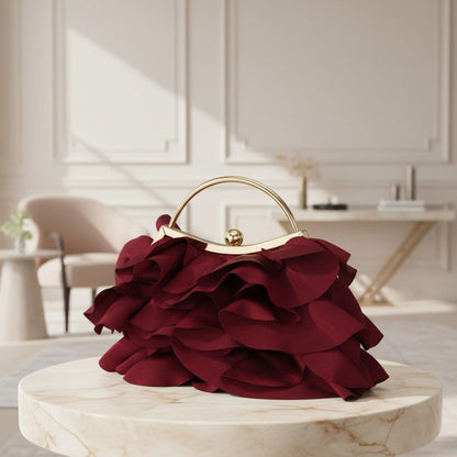 Burgundy Ruffle Clutch, Floral Evening Bag, Top Handle Handbag, Wine Red Statement Purse, Elegant Party Bag