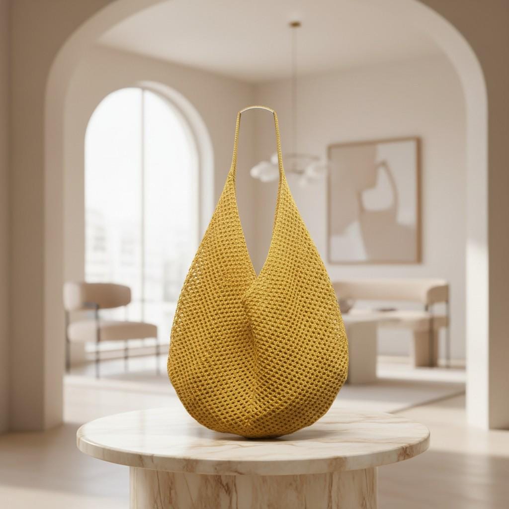 Mustard Yellow Crochet Hobo Bag, Slouchy Shoulder Purse, Boho Summer Handbag, Large Everyday Tote for Women