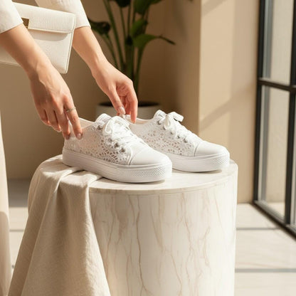 Lace Bridal Sneakers, White Wedding Shoes for Bride, Floral Lace Platform Trainers