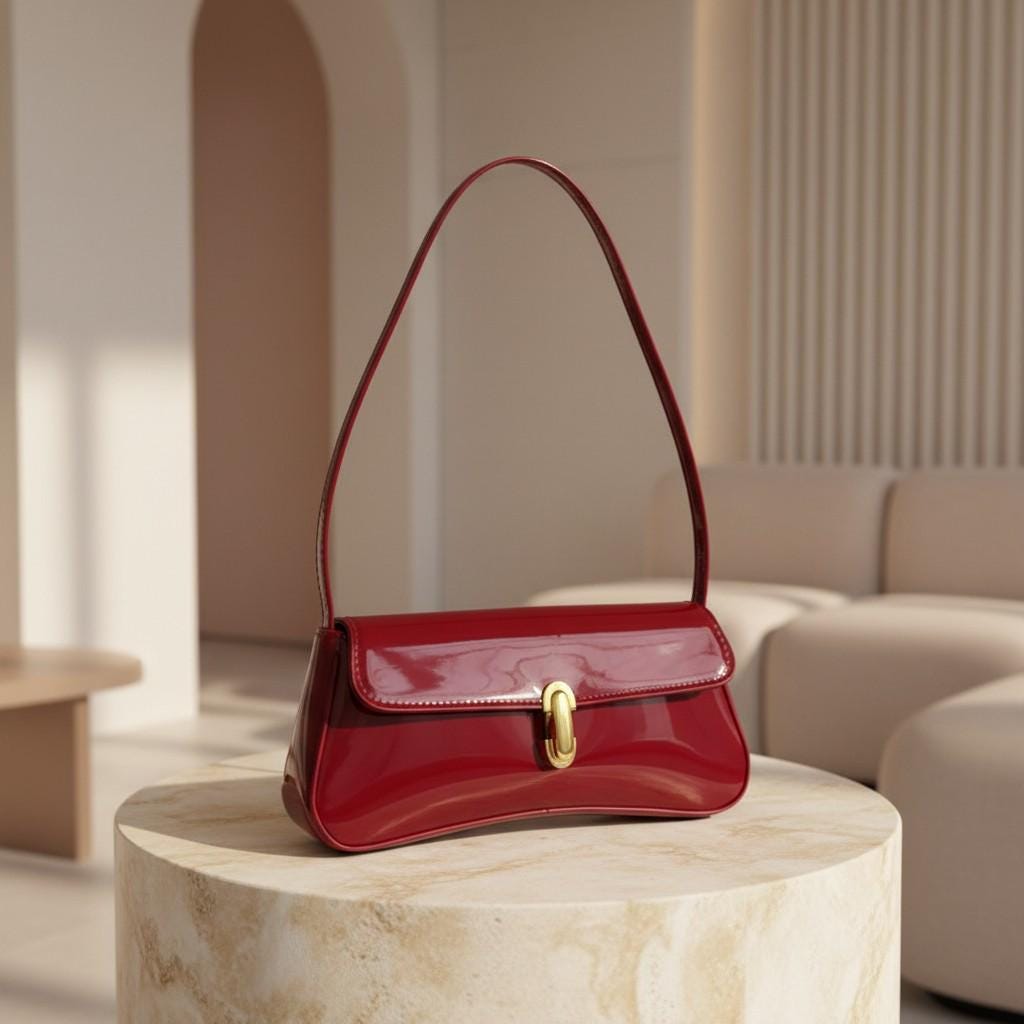 Burgundy Shoulder Bag, Red Baguette Purse, Glossy Evening Handbag, Mini Flap Bag, Chic Date Night Purse