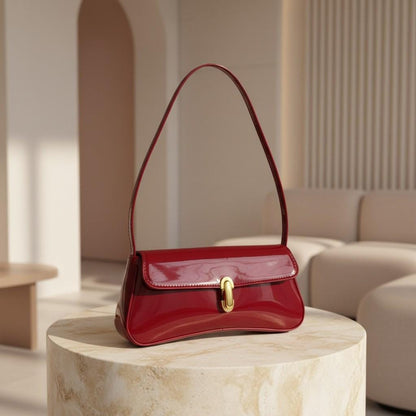 Burgundy Shoulder Bag, Red Baguette Purse, Glossy Evening Handbag, Mini Flap Bag, Chic Date Night Purse