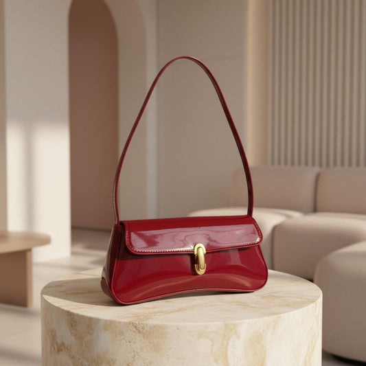 Burgundy Shoulder Bag, Red Baguette Purse, Glossy Evening Handbag, Mini Flap Bag, Chic Date Night Purse