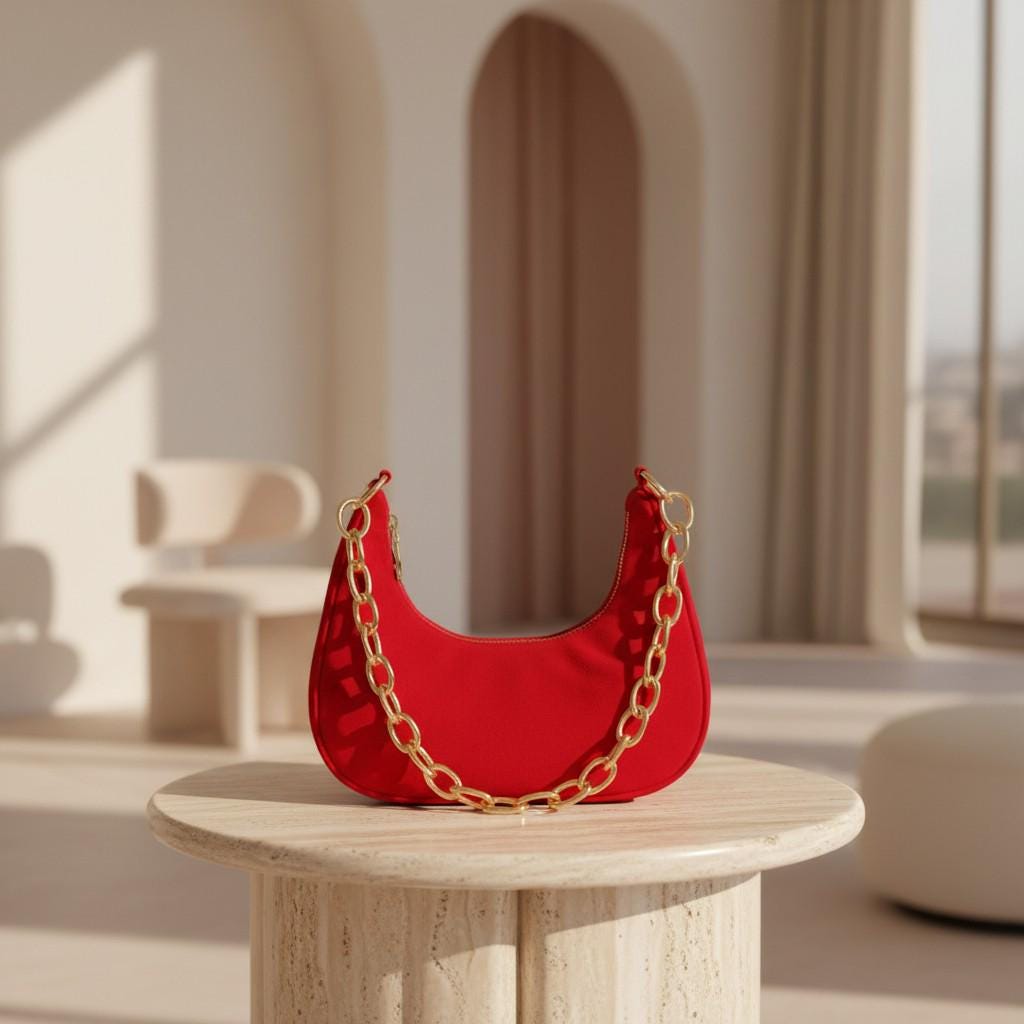 Red Shoulder Bag for Women, Small Crescent Purse, Gold Chain Handbag, Minimalist Evening Bag, Trendy Red Purse