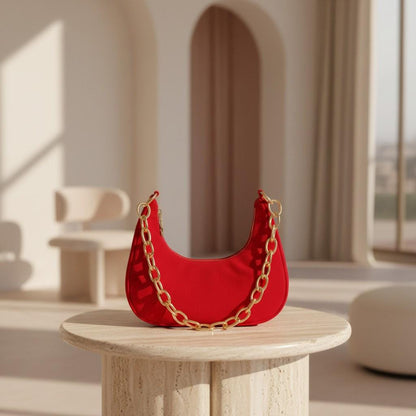 Red Shoulder Bag for Women, Small Crescent Purse, Gold Chain Handbag, Minimalist Evening Bag, Trendy Red Purse
