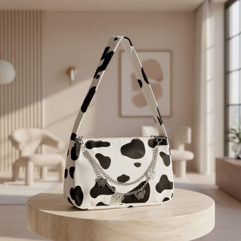 Cow Print Shoulder Bag, Black White Purse, Y2K Cow Pattern Handbag, Butterfly Chain Bag, Cute Animal Print Bag