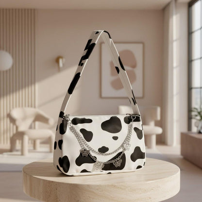 Cow Print Shoulder Bag, Black White Purse, Y2K Cow Pattern Handbag, Butterfly Chain Bag, Cute Animal Print Bag
