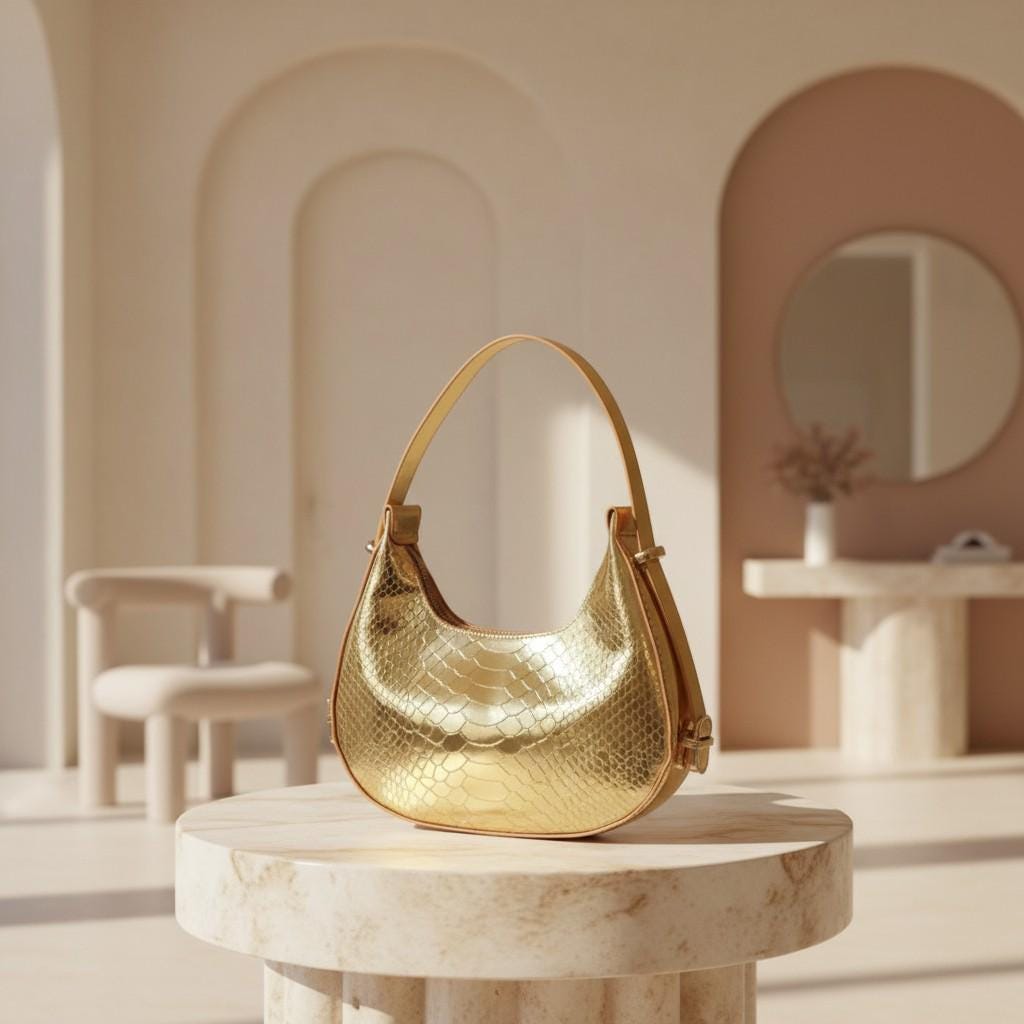 Metallic Gold Shoulder Bag, Reptile Texture Hobo Purse, Shiny Gold Handbag, Statement Evening Bag, Y2K Bag