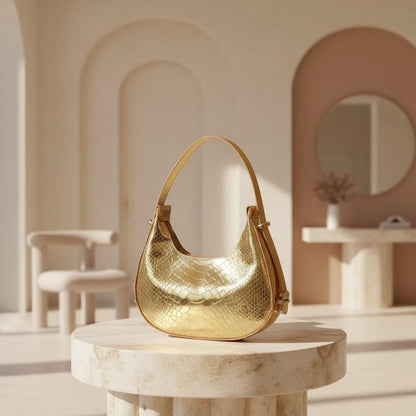 Metallic Gold Shoulder Bag, Reptile Texture Hobo Purse, Shiny Gold Handbag, Statement Evening Bag, Y2K Bag
