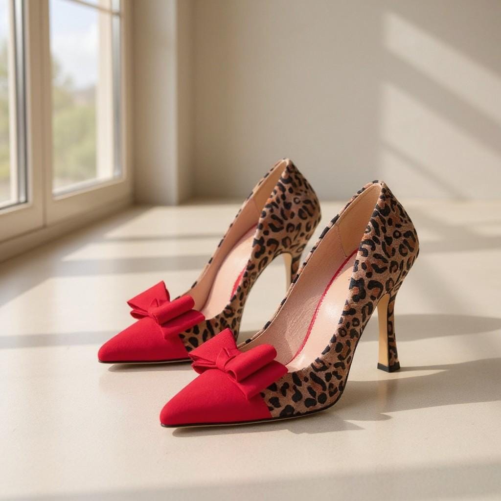 Leopard Print Red Bow Heels, Pointed Toe Pumps, Stiletto Shoes