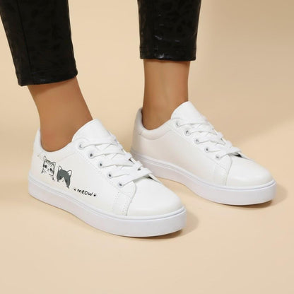 Cat Sneakers for Women, Cute White Low Top Shoes with Kitty Print