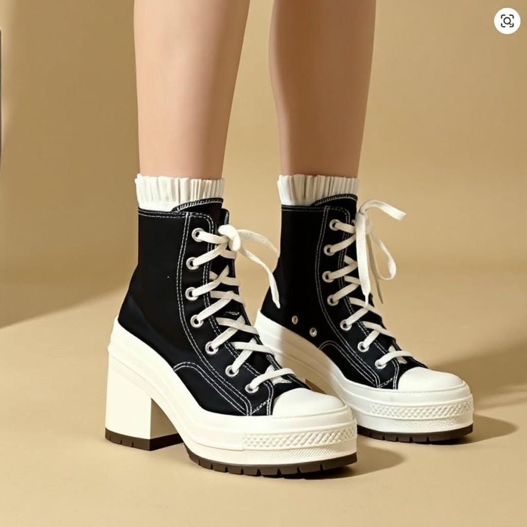 Black High Heel Sneakers, High Top Platform Shoes, Lace Up Chunky Sneaker Boots, Women's Statement Shoes