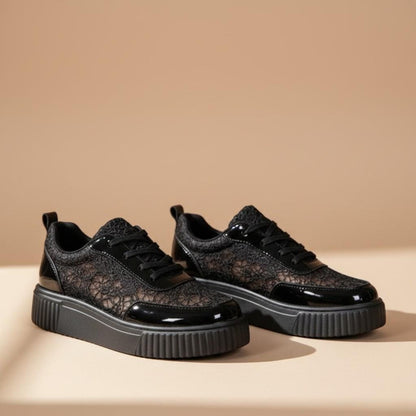 Black Lace Platform Sneakers, Women's Chunky Shoes, Lace Up Fashion Trainers
