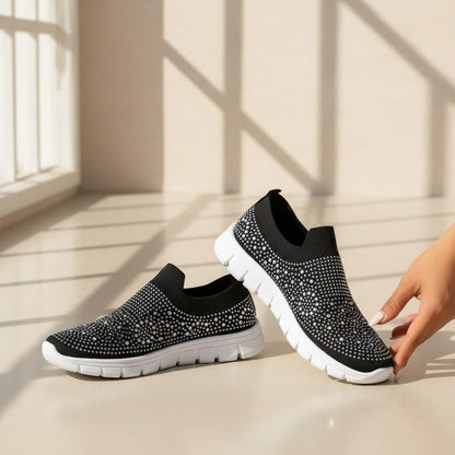 Black Rhinestone Slip On Sneakers, Women's Sparkle Knit Shoes, Casual Bling Sneakers