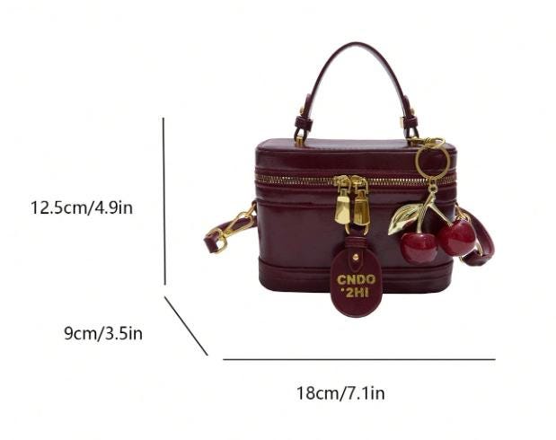 Burgundy Shoulder Bag, Women's Top Handle Crossbody Purse, Double Zip Handbag, Cherry Charm Bag, Structured Box Bag