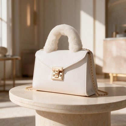 White Top Handle Bag, Faux Fur Handle Handbag, Ivory Purse, Structured Shoulder Bag, Chain Strap Bag, Elegant Handbag